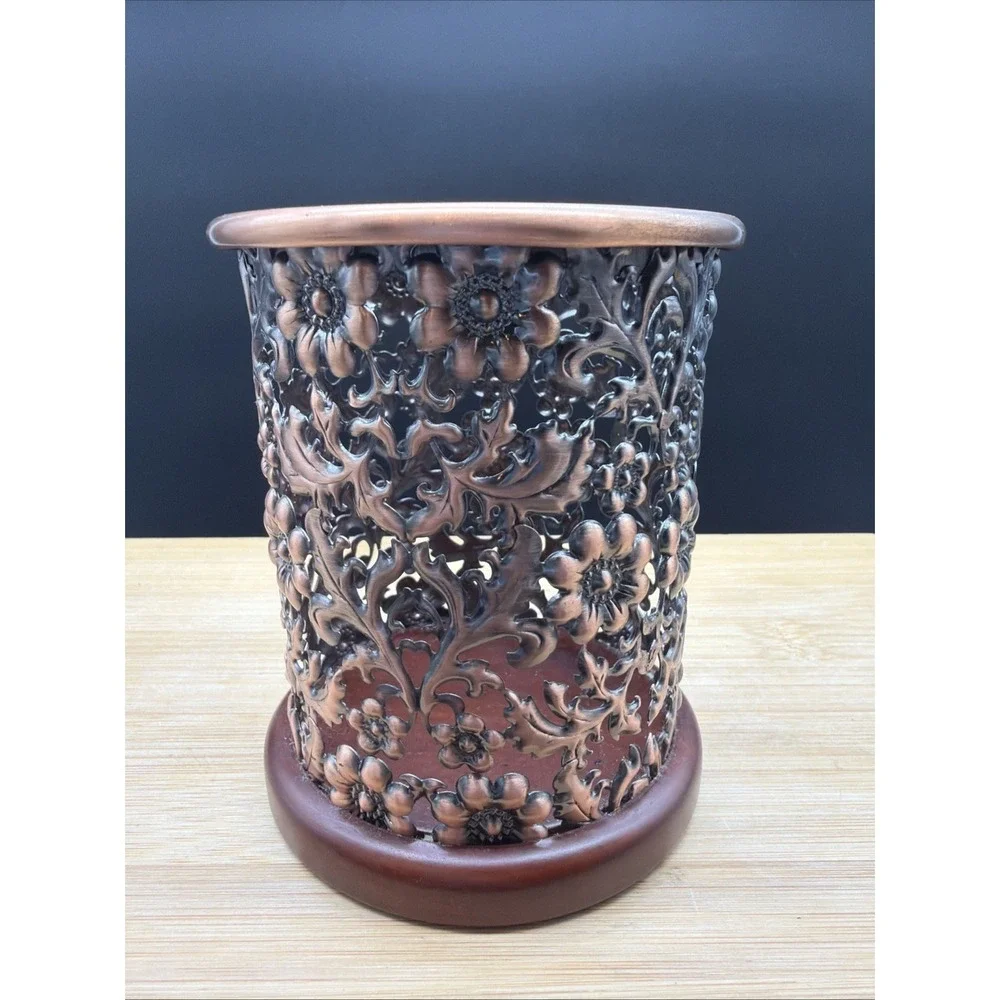 Copper Toned Ornate Candle Holder Pen Holder Wood Base 4.25
